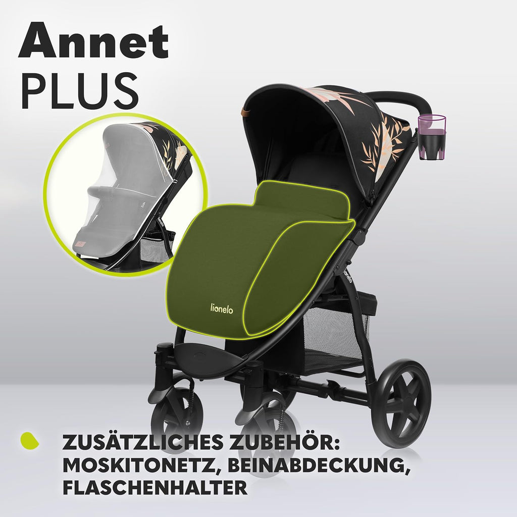 LIONELO Annet Buggy fino a 22 kg con funzione reclinabile, passeggino compatto richiudibile con accessori, ruote in schiuma EVA, zanzariera, coprigambe, portabevande, cestino (Golden Moments, Tour)