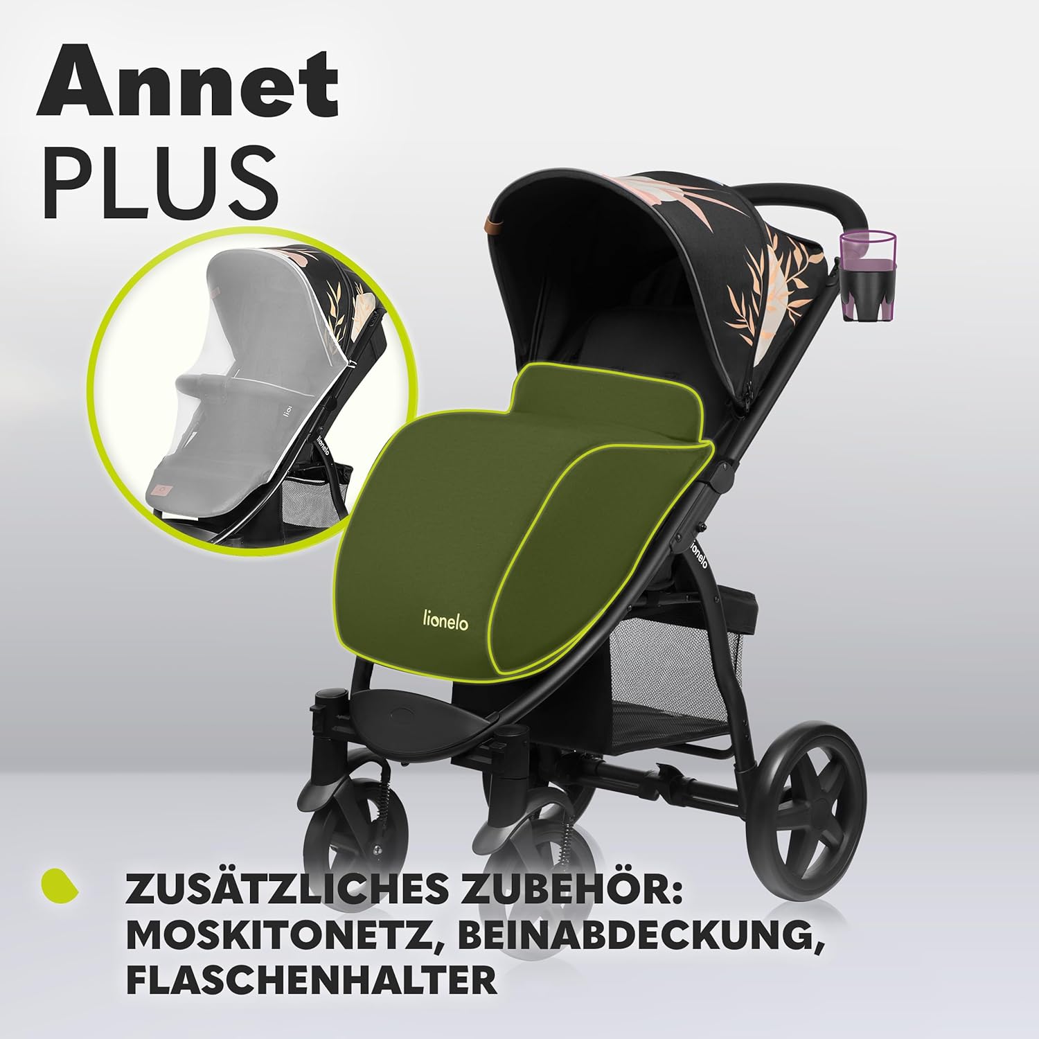 LIONELO Annet Buggy fino a 22 kg con funzione reclinabile, passeggino compatto richiudibile con accessori, ruote in schiuma EVA, zanzariera, coprigambe, portabevande, cestino (Golden Moments, Tour)
