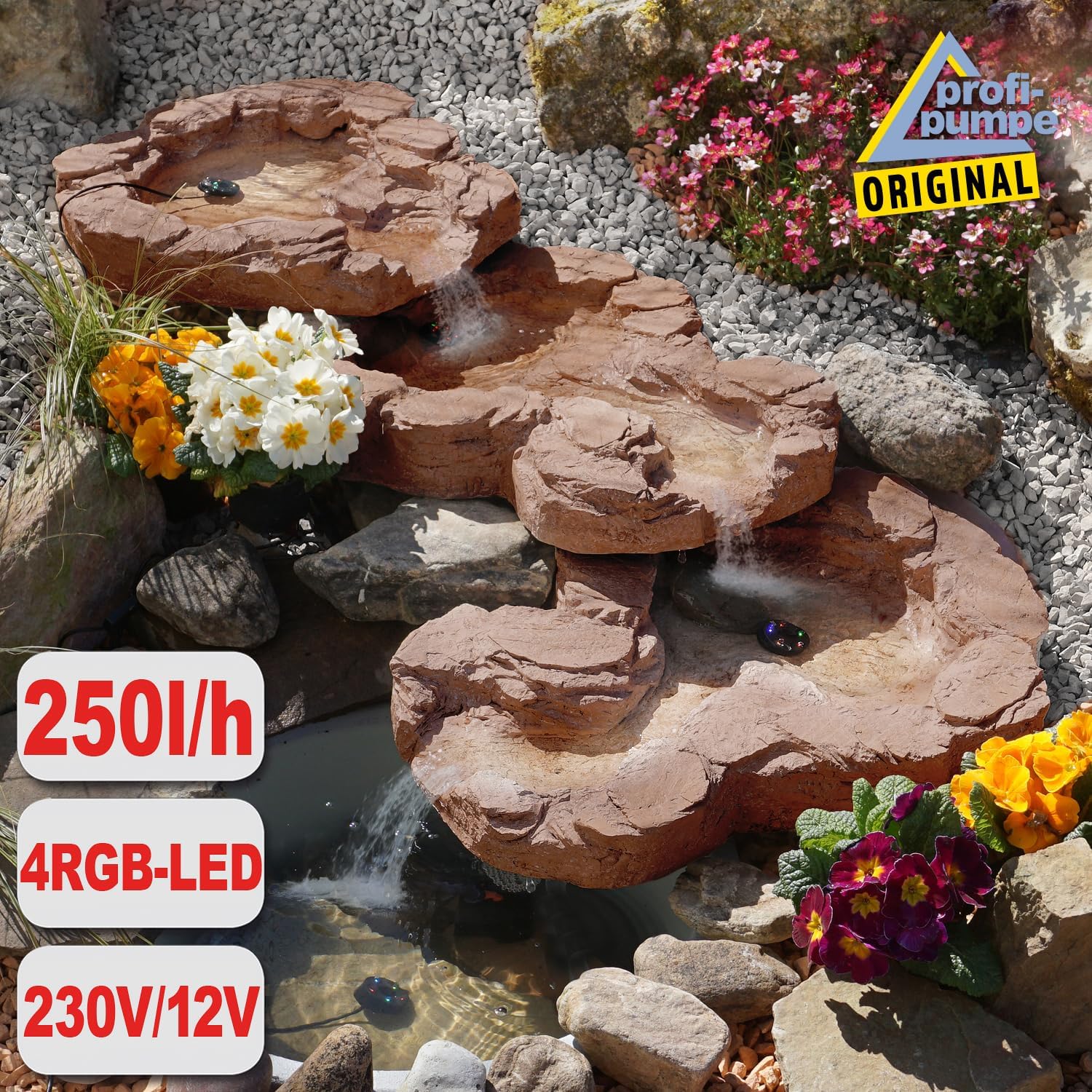 Fontana solare da giardino Bachlauf QUELLBACH II con luce LED/sistema ibrido, FONTANA ORNAMENTALE a 230V, BAGNO PER UCCELLI, CASCATA, LAMPADA DA GIARDINO, POMPA PER STAGNO - GIOCO D'ACQUA per giardino, laghetto da giardino, laghetto