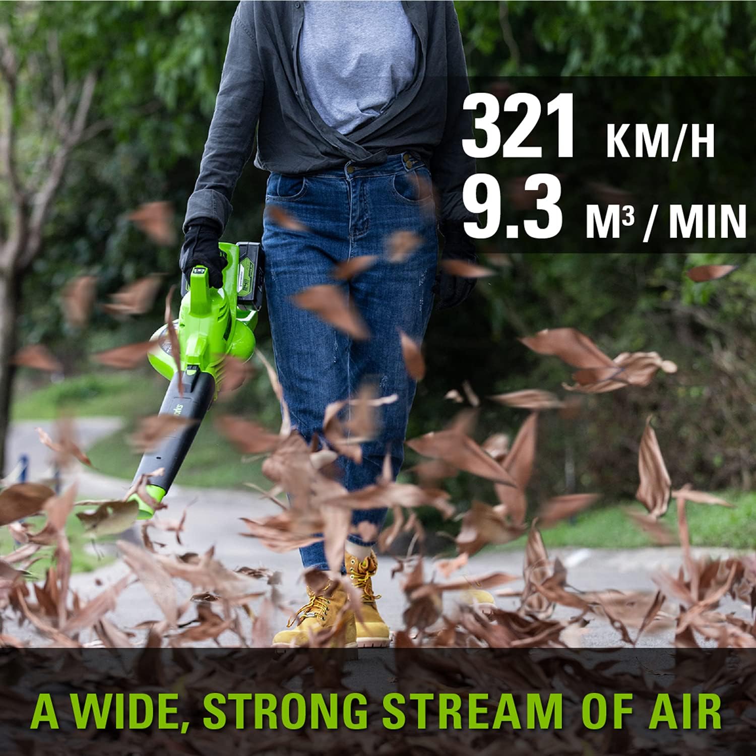 Greenworks 48V(2x24V) Akku Laubsauger / Laubbläser mit Schultergurt, bürstenloser Motor, 322 km/h, 9 m³/min, 45L Fangsack, zwei 4Ah Batterien & Ladegerät, 3 Jahre Garantie GD24X2BVK4X