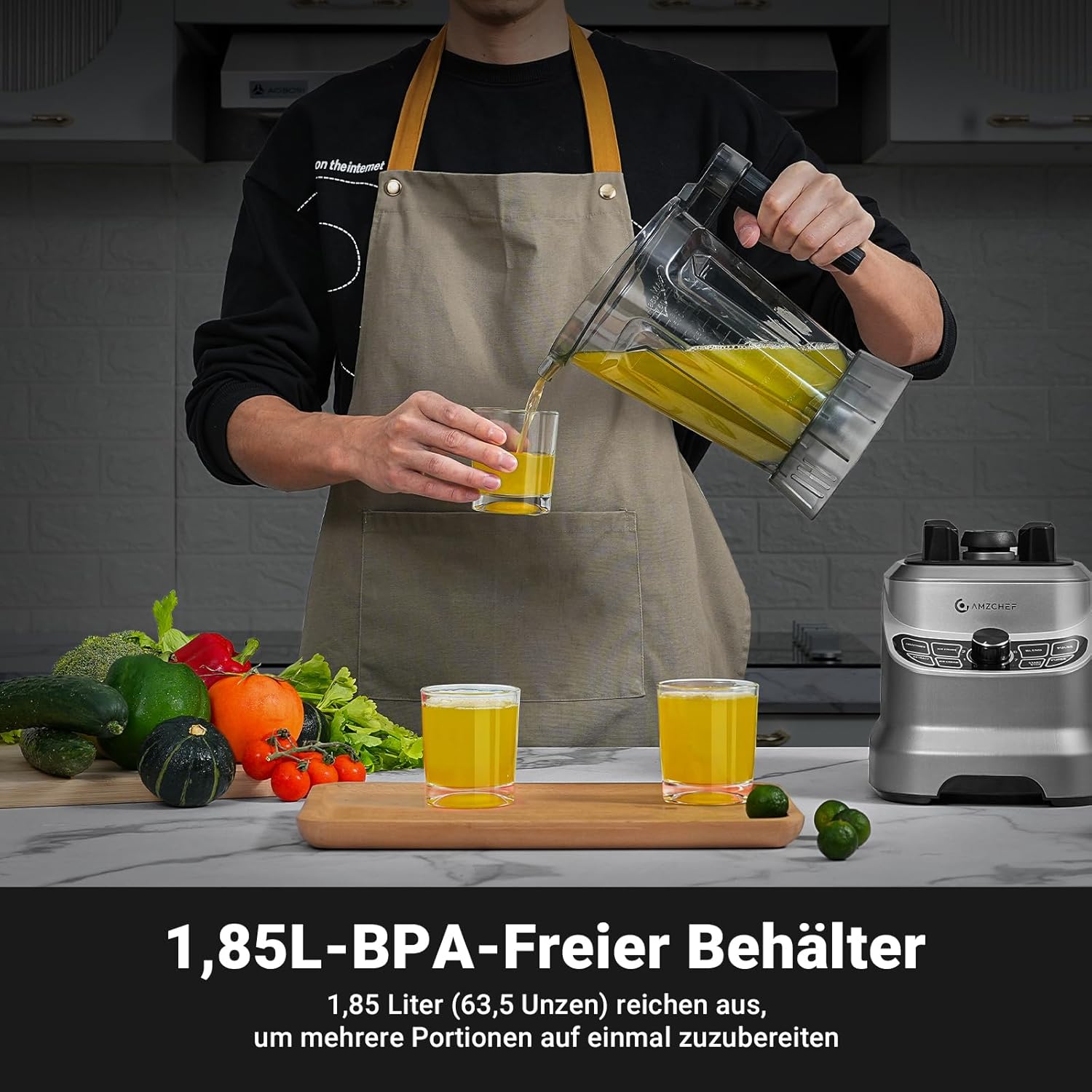 AMZCHEF Frullatore Professionale 2 IN1 con Contenitori da 1850 ml e 600 ml per Due Modalità di Frullatura | Frullatore da Tavolo 2000 Watt con 6 Lame Professionali e 22000 Giri/Min - Grigio Opaco