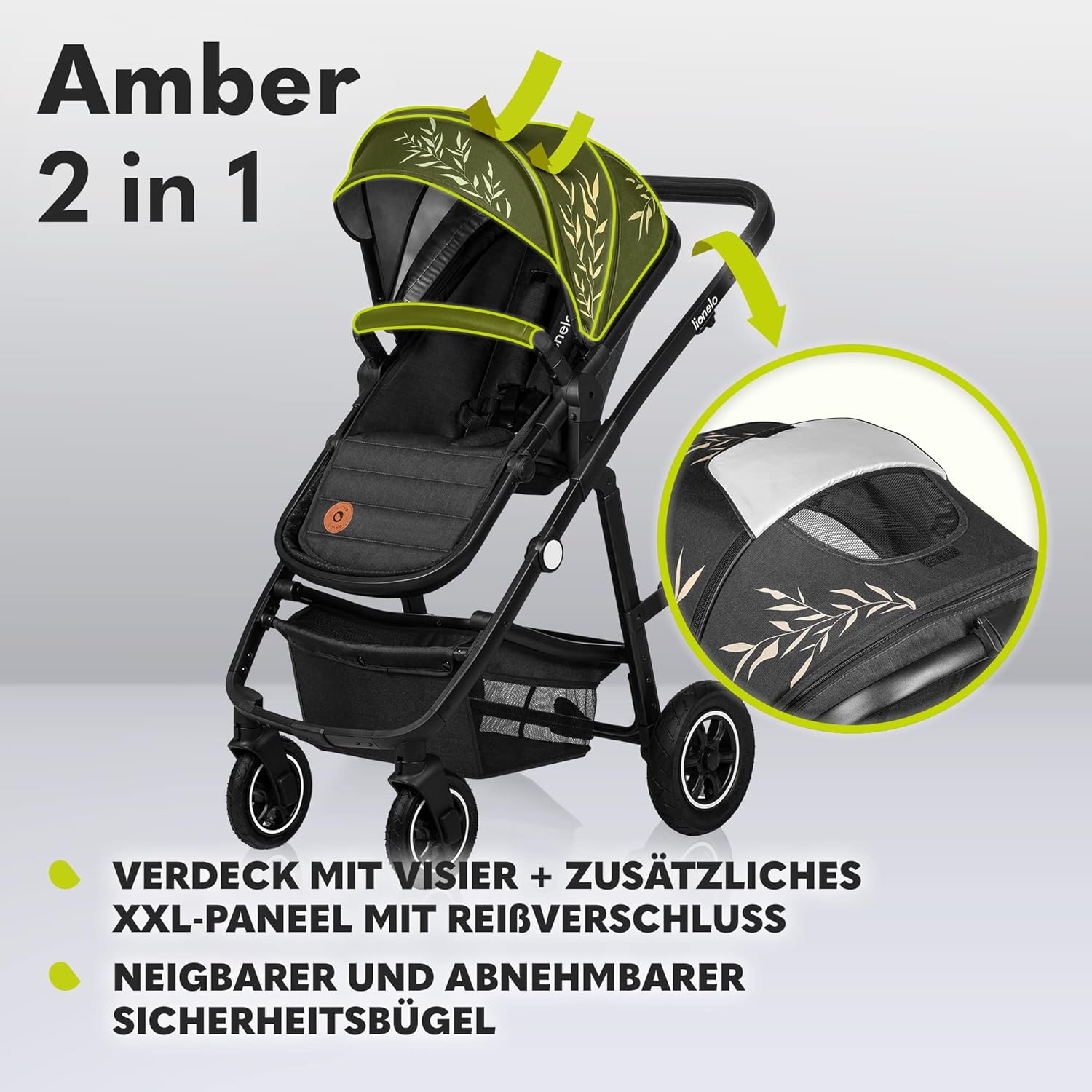 LIONELO Amber Kinderwagen 2 in 1 Kombikinderwagen, Kinderwagen Set mit sportlichen Sitz und fester Babywanne, Tasche, Moskitonetz, Abdeckung Regenblatt (Graphit)