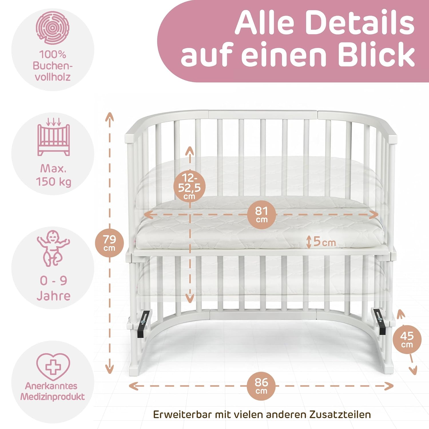 babybay Original Lettino da affiancare in massello di faggio / compatto e trasformabile / Altezza regolabile senza livelli preimpostati ed ecologico / Lettino evolutivo (laccato bianco) / Materasso incluso