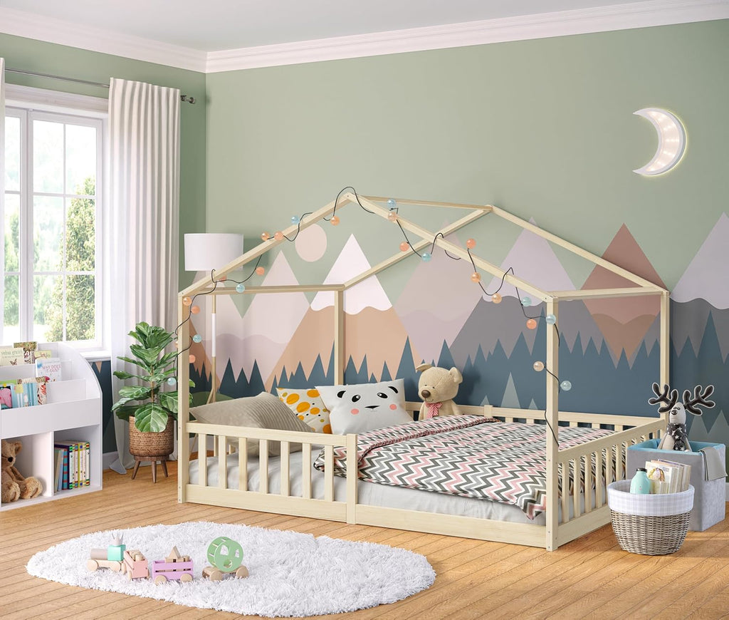Bellabino Lettino per bambini Bia 140x200 cm, letto a capanna per bambini con protezione anticaduta e rete a doghe arrotolabile, letto a terra Montessori bianco in legno massello di pino