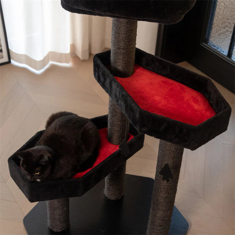 Stilvoller Kratzbaum in Schwarz-Rot – Perfekter Rückzugsort für Ihre Katze
