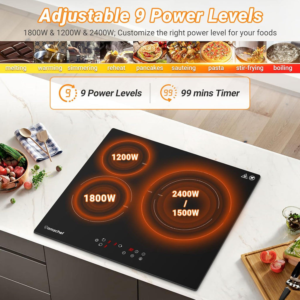 AMZCHEF Induktionskochfeld 60cm mit Zwei Flexzonen, 4 Zonen Induktionskochplatte mit Boost-Funktion und 9 Leistungsstufen, Touch-Bedienung, Timer, Sicherheitsschloss, Überhitzungsschutz, BBQ, 7200W