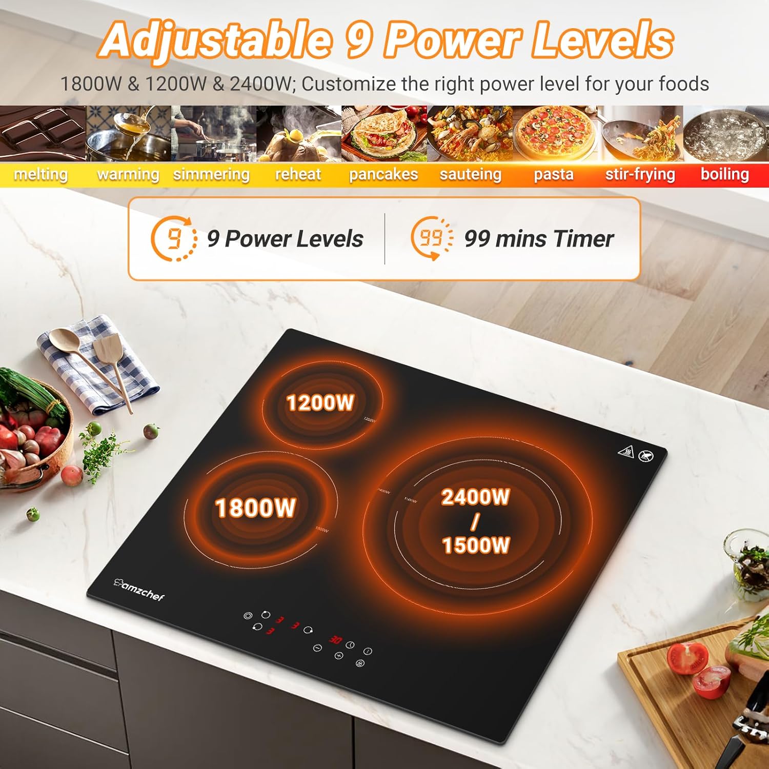 AMZCHEF Induktionskochfeld 60cm mit Zwei Flexzonen, 4 Zonen Induktionskochplatte mit Boost-Funktion und 9 Leistungsstufen, Touch-Bedienung, Timer, Sicherheitsschloss, Überhitzungsschutz, BBQ, 7200W
