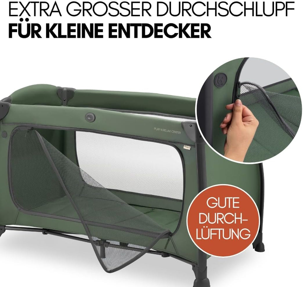 hauck Baby Reisebett Play n Relax Center Set mit Komfort Matratze und Insektenschutz - Babyreisebett mit Neugeborenen Einsatz, Wickelauflage und Tasche (höhenverstellbar & faltbar) - Dark Blue