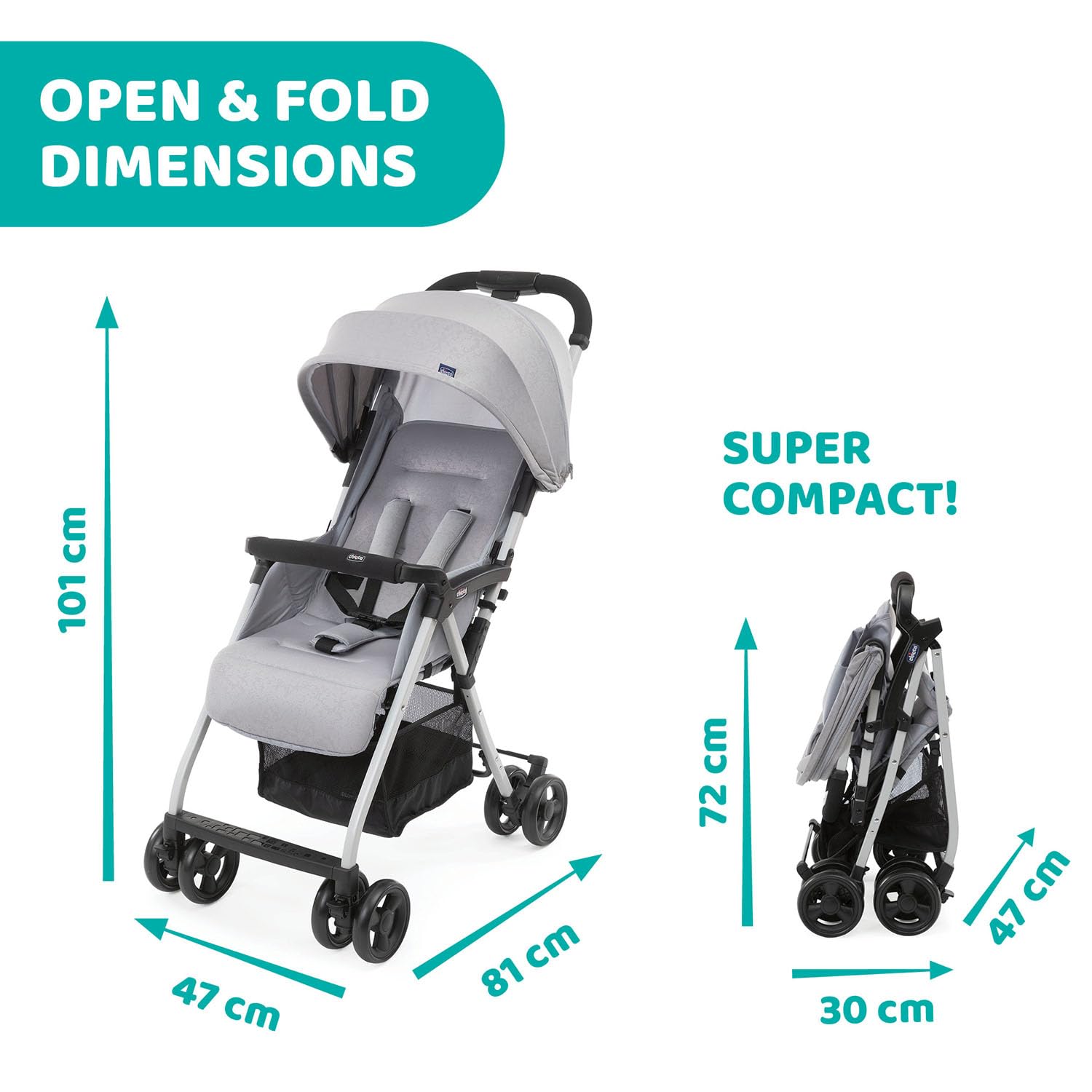 Chicco OHlalà 3 Ultra-Leichtgewicht Kinderwagen von Geburt bis 15 kg, Liege- und Faltbuggy mit großem Einkaufskorb, Kompakt, Regenschutz und Ausziehbares Verdeck