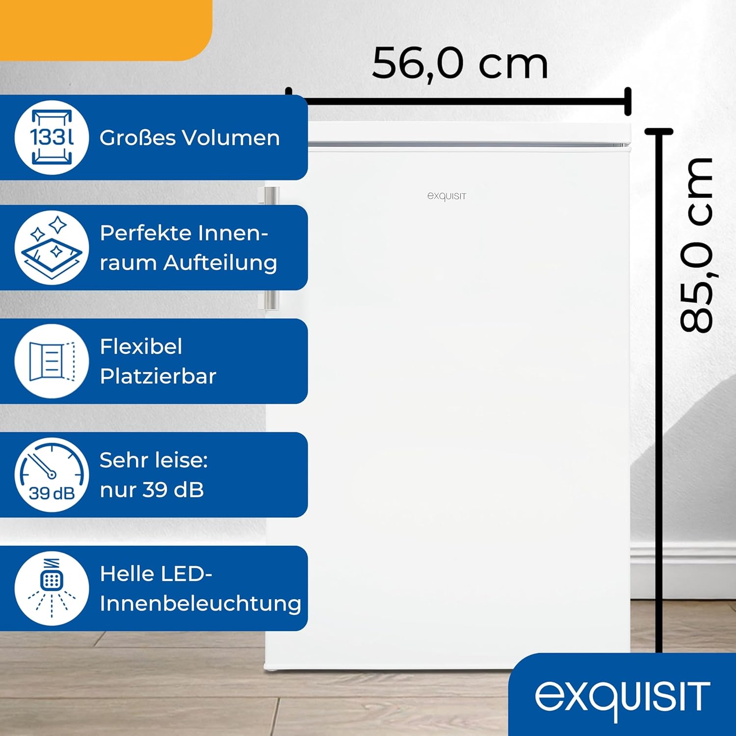 Exquisit Frigorifero senza scomparto congelatore, 133 litri, frigorifero a tutta capacità a libera installazione, cerniera porta reversibile, KS516-V-H-010D bianco