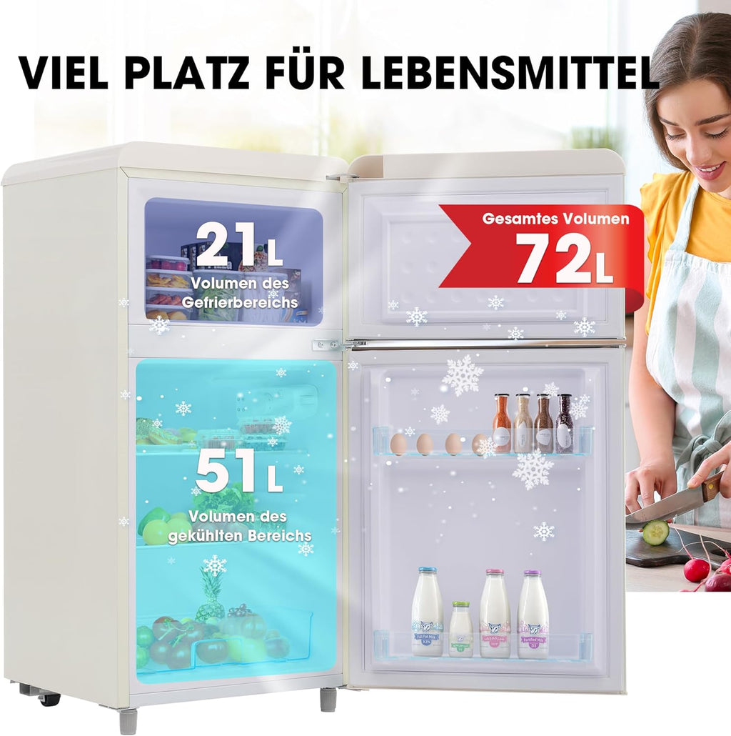 Merax Frigorifero con Congelatore, Frigorifero Combinato, Piccolo Frigorifero con 51L e Congelatore 21L, Silenzioso, LED, Ripiani in Vetro, Cassetto Verdura, Balconcini, per Cucina, Soggiorno, Ufficio, Nero
