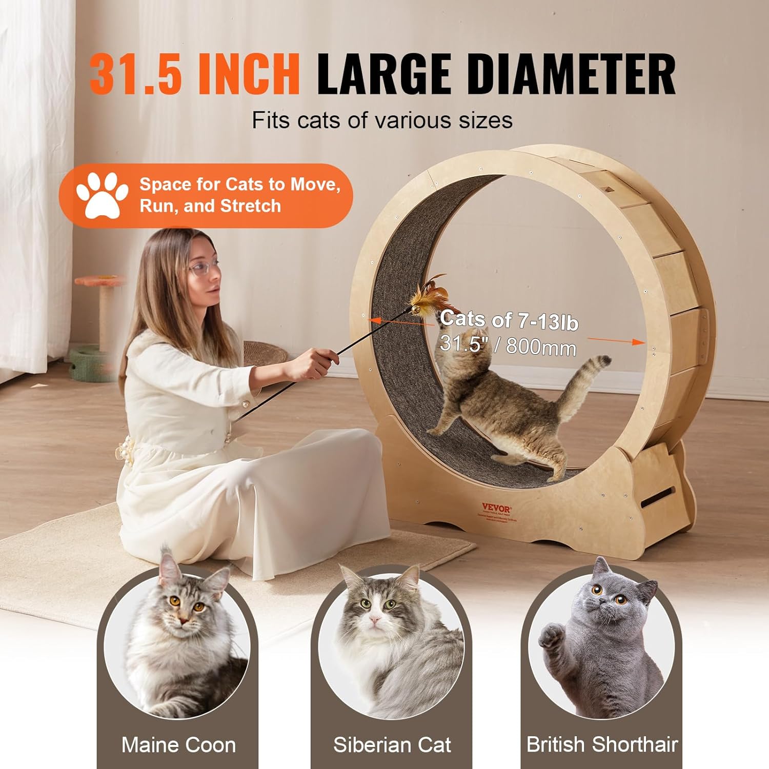 VEVOR Katzenlaufrad 1320x340x1415mm Laufrad Katzen aus Birken-& Pappelsperrholz Katzenrad Geruscharm Abnehmbare Innenmatte Cat Wheel Geeignet für Katzen mit einem Gewicht von 8kg bis 14kg