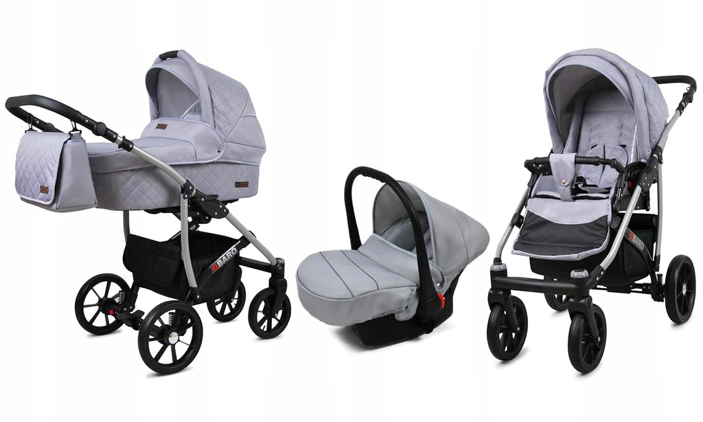 BabyLux® Bambimo Kinderwagen Set 3 in 1 - Qbaro - incl. Babywanne, Buggy Sportsitz, Auto-Babyschale - Autositz - Kinderwagenset - Kombikinderwagen mit Wickeltasche, Regenschutz usw.