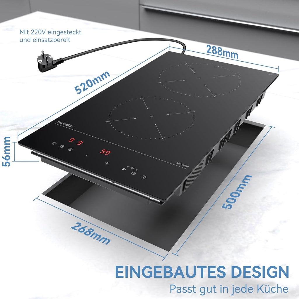 Induktionskochfeld 60cm, Eingebautes Schwarzes elektrisches Kochfeld, mit 4 Kochzonen, 9 Leistungsstufen, Geeignet für Eisen- und Edelstahltpf
