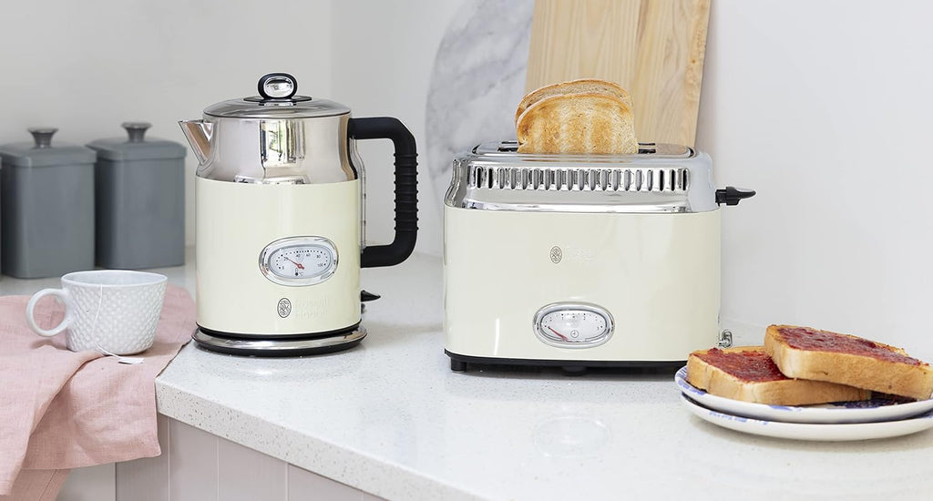 Russell Hobbs Toaster [für 2 Scheiben] Retro Edelstahl Creme (Countdown-Anzeige im Retrodesign, inkl. Brtchenaufsatz, 6 Brunungsstufen + Auftau- & Aufwrmfunktion, 1300W) Vintage 21682-56