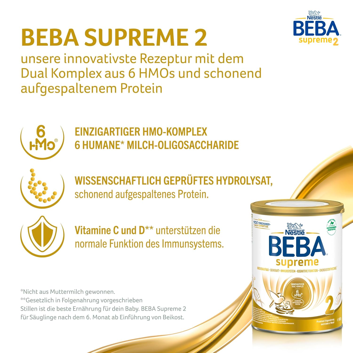 BEBA SUPREME 2 Folgemilch nach dem 6. Monat, Babynahrung mit 6 HMO Komplex, nur Laktose, ohne Palmöl, 6er Pack (12 x 800g)