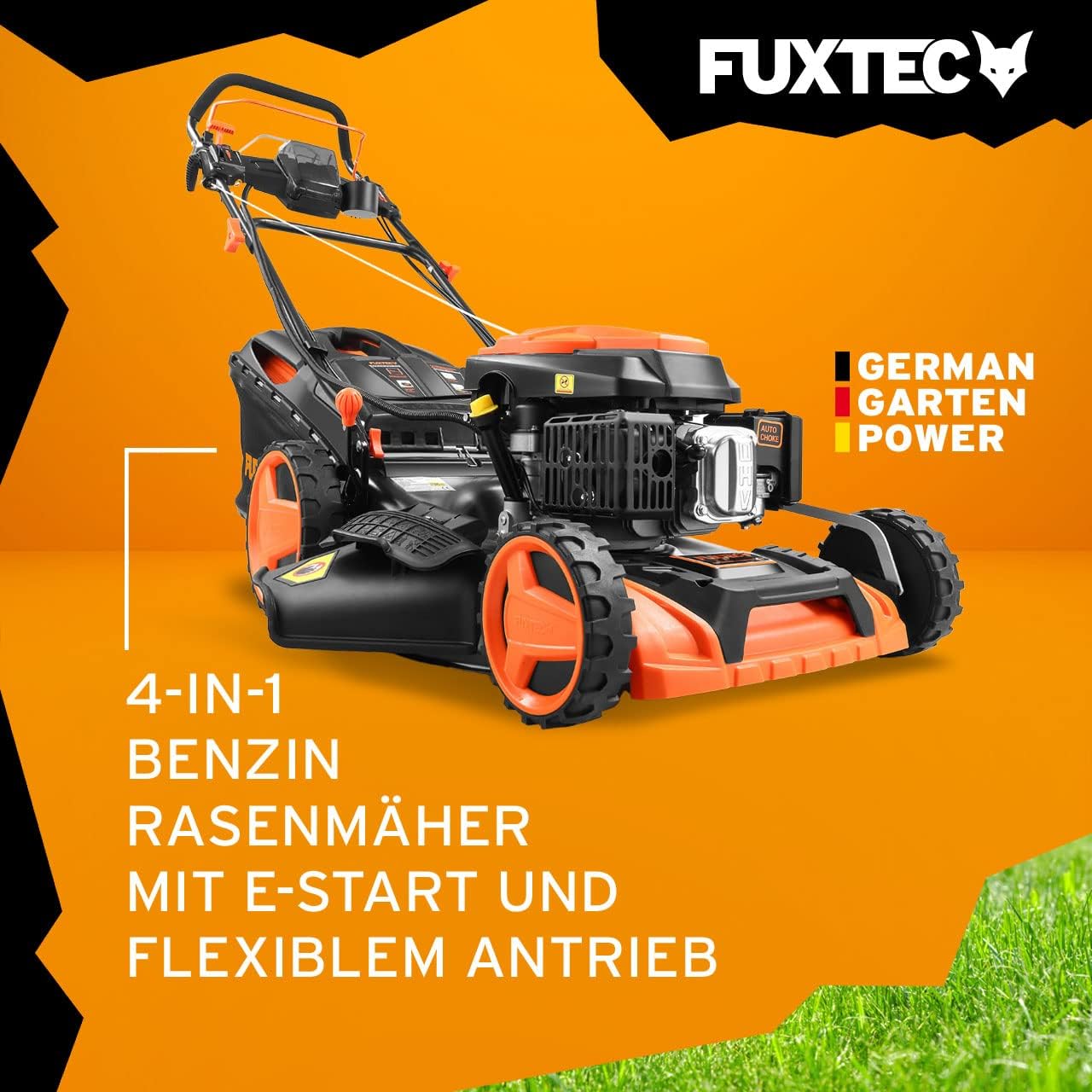 FUXTEC Tosaerba a Benzina 4in1 FX-RM5196eSPRO con Avviamento Elettrico e Trazione Regolabile, Rasaerba con Paraurti Anteriore, Larghezza di Taglio 51 cm, Ruote Big Wheel con Cuscinetti a Sfera, Cesto Raccoglierba da 60L