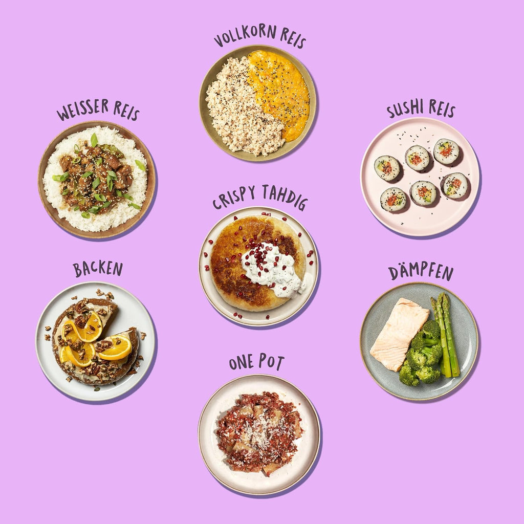 REISHUNGER Cuociriso digitale piccolo, nero | Da 0,6 L fino a 3 persone | Funzione mantenimento calore, timer e pentola premium | Multicooker e vaporiera piccoli, 8 programmi, tecnologia a 7 fasi