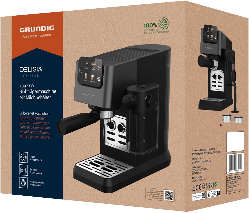 GRUNDIG KSM 5330 Macchina da caffè con portafiltro e contenitore per il latte integrato, 1628 W di potenza, 15 bar di pressione della pompa, ugello doppio, display touch a colori, BrewSense, CreamyPro, Inox scuro/Nero