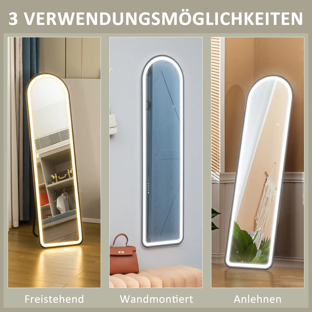 HOMCOM Specchio a Terra a LED Touch Specchio a Figura Intera 3-in-1 a Forma di Arco