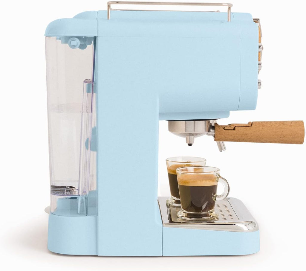CREATE / THERA RETRO/Macchina da caffè espresso semiautomatica Rosa Pastello Opaco e Legno / Pompa a pressione 20bar, 1100W, Serbatoio acqua 1.25L, per caffè macinato, cialde ESE 55mm, con vaporizzatore, 1100W