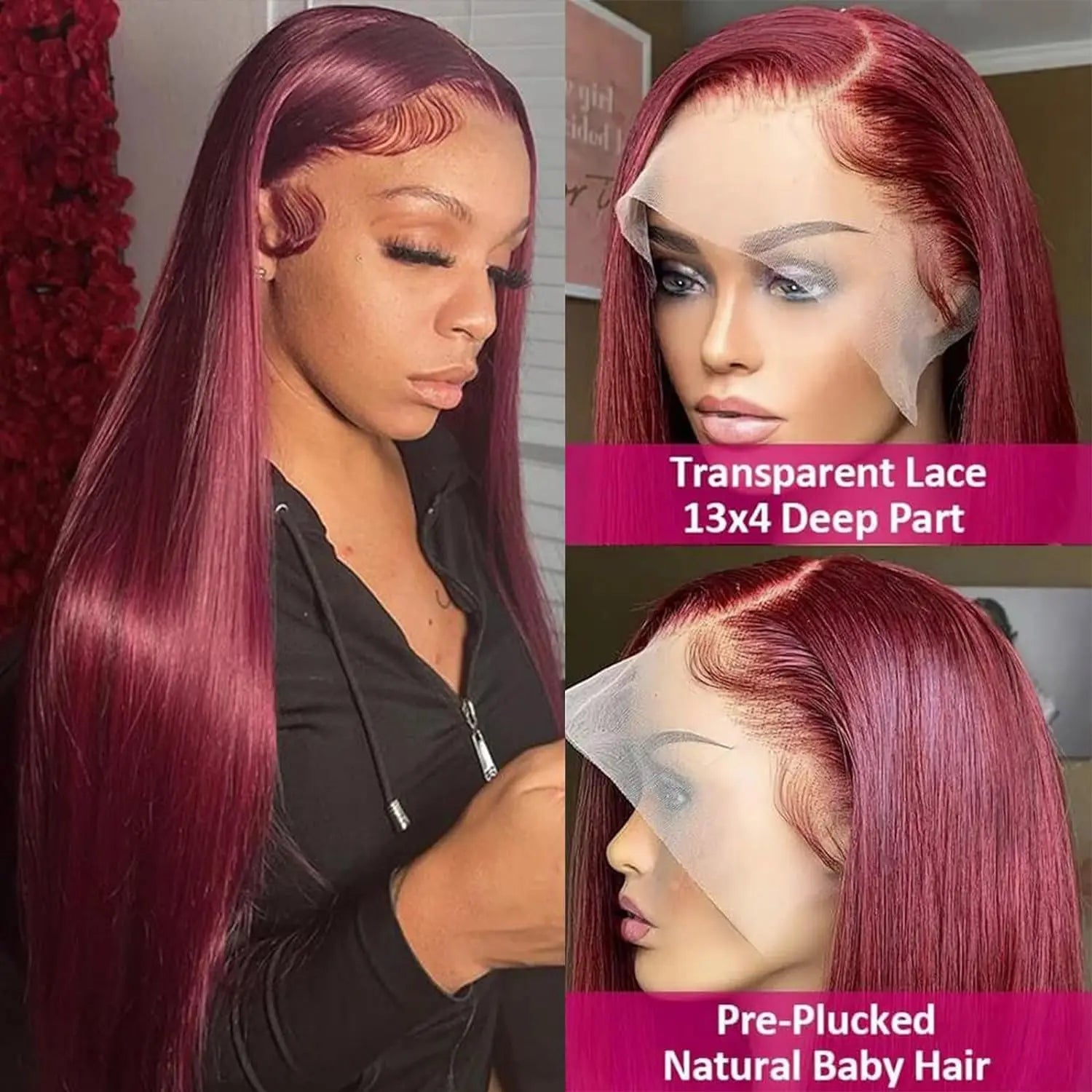 Luxurise 99J Burgundy 13x4 HD Gerade Spitzenperücke aus Echthaar für Damen