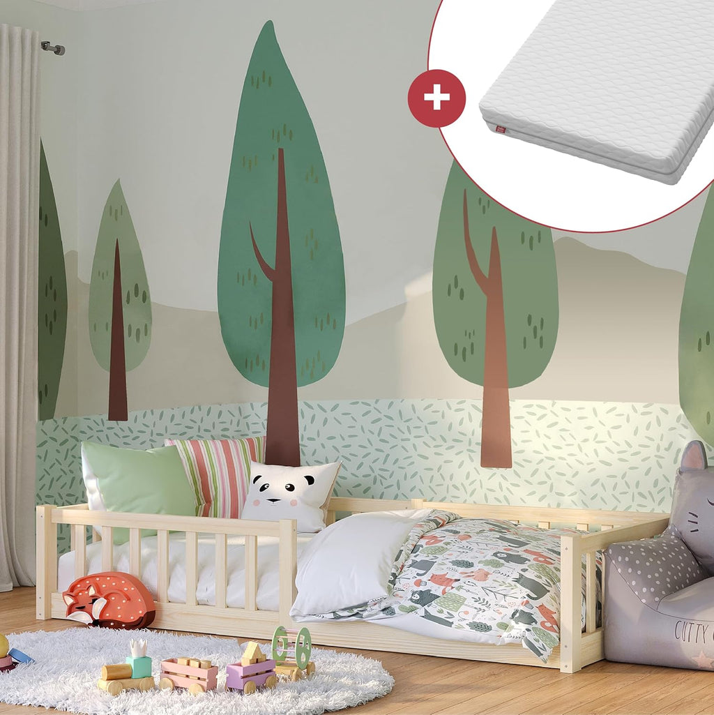 Bellabino Vere Letto a Pavimento 140x200 Montessori, Letto Matrimoniale con Protezione Anticaduta e Rete a Doghe, Letto per Bambini e Bambine in Legno Massello di Pino Bianco con Sbarre