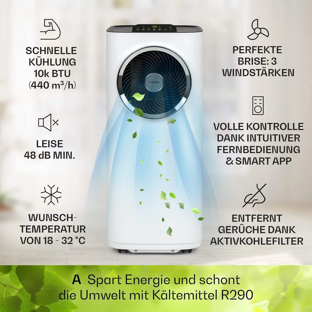 Klarstein Condizionatore Portatile 5-in-1 con Tubo di Scarico, Ventilatore, Deumidificatore, Purificatore d'Aria e Modalità Notturna, Controllo tramite App, Piccolo e Portatile, per Casa e Ufficio, 12000 BTU