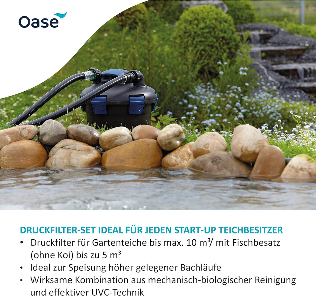 OASE 50499 Filtro a pressione BioPress Set 4000, Set filtro per laghetto per una rapida ed efficace eliminazione delle alghe, Set completo con pompa filtro e chiarificatore UVC