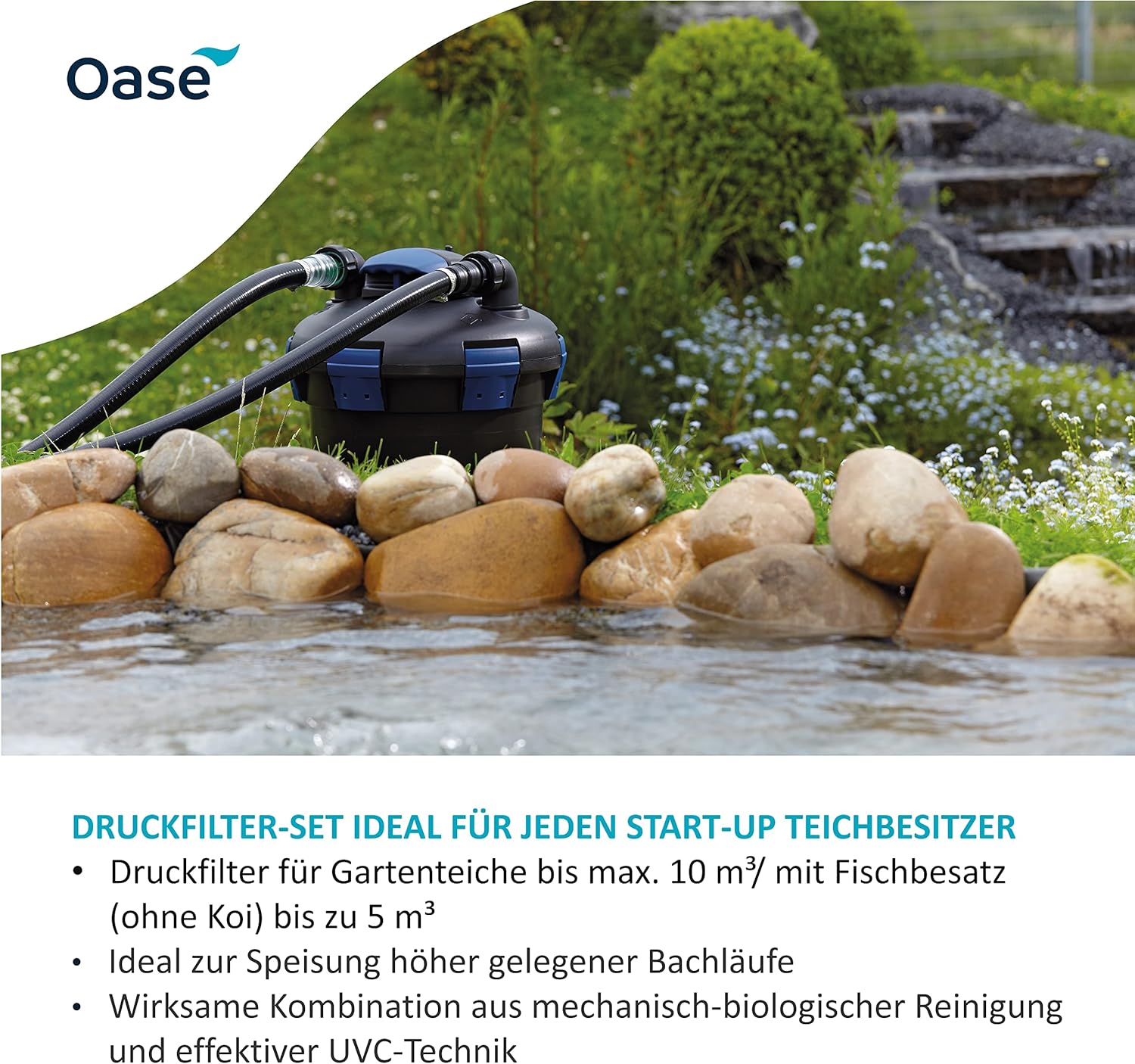 OASE 50499 Filtro a pressione BioPress Set 4000, Set filtro per laghetto per una rapida ed efficace eliminazione delle alghe, Set completo con pompa filtro e chiarificatore UVC