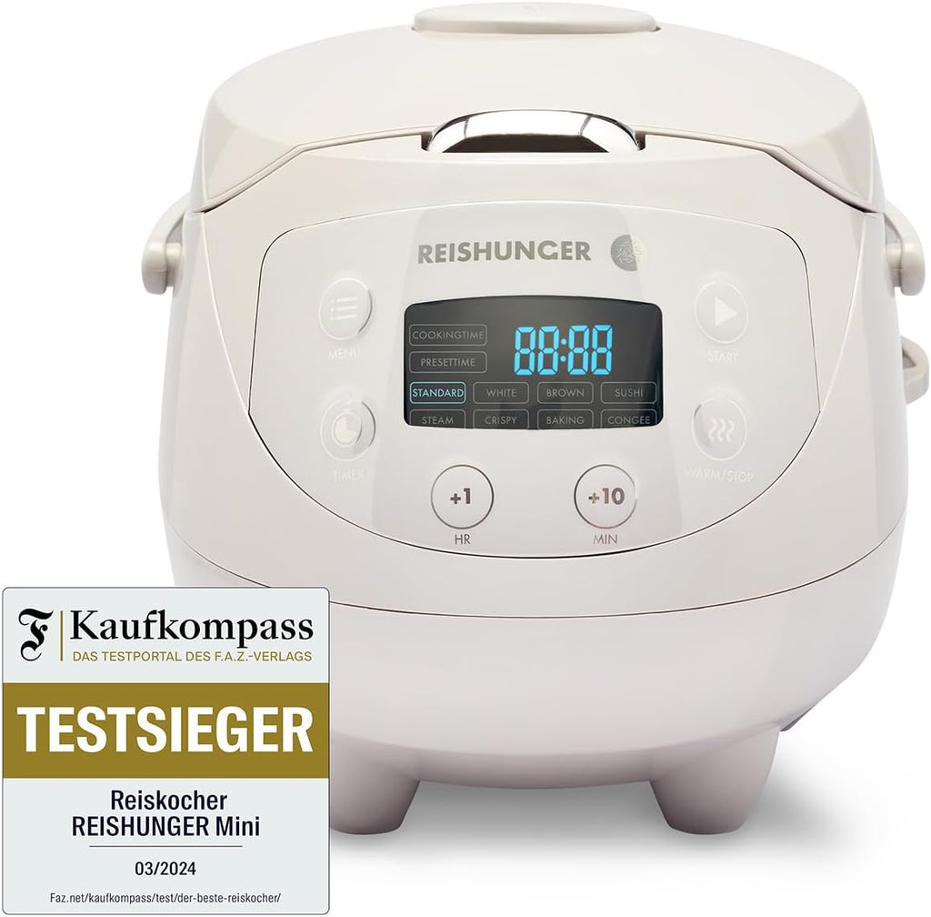 REISHUNGER Cuociriso digitale piccolo, nero | Da 0,6 L fino a 3 persone | Funzione mantenimento calore, timer e pentola premium | Multicooker e vaporiera piccoli, 8 programmi, tecnologia a 7 fasi