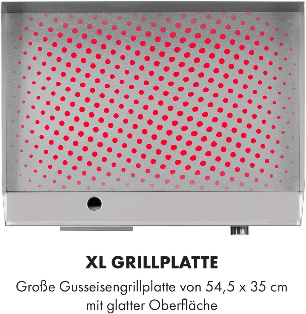 Klarstein Elektrogrill, Grillplatte, Elektrische Grillplatte, Tischgrill, Elektrogrill aus Edelstahl, Spritzschutz & Auffangbehälter, Glatte XL Grillfläche: 54,5x35 cm, Stufenlos 50-300 °C, 3000 Watt
