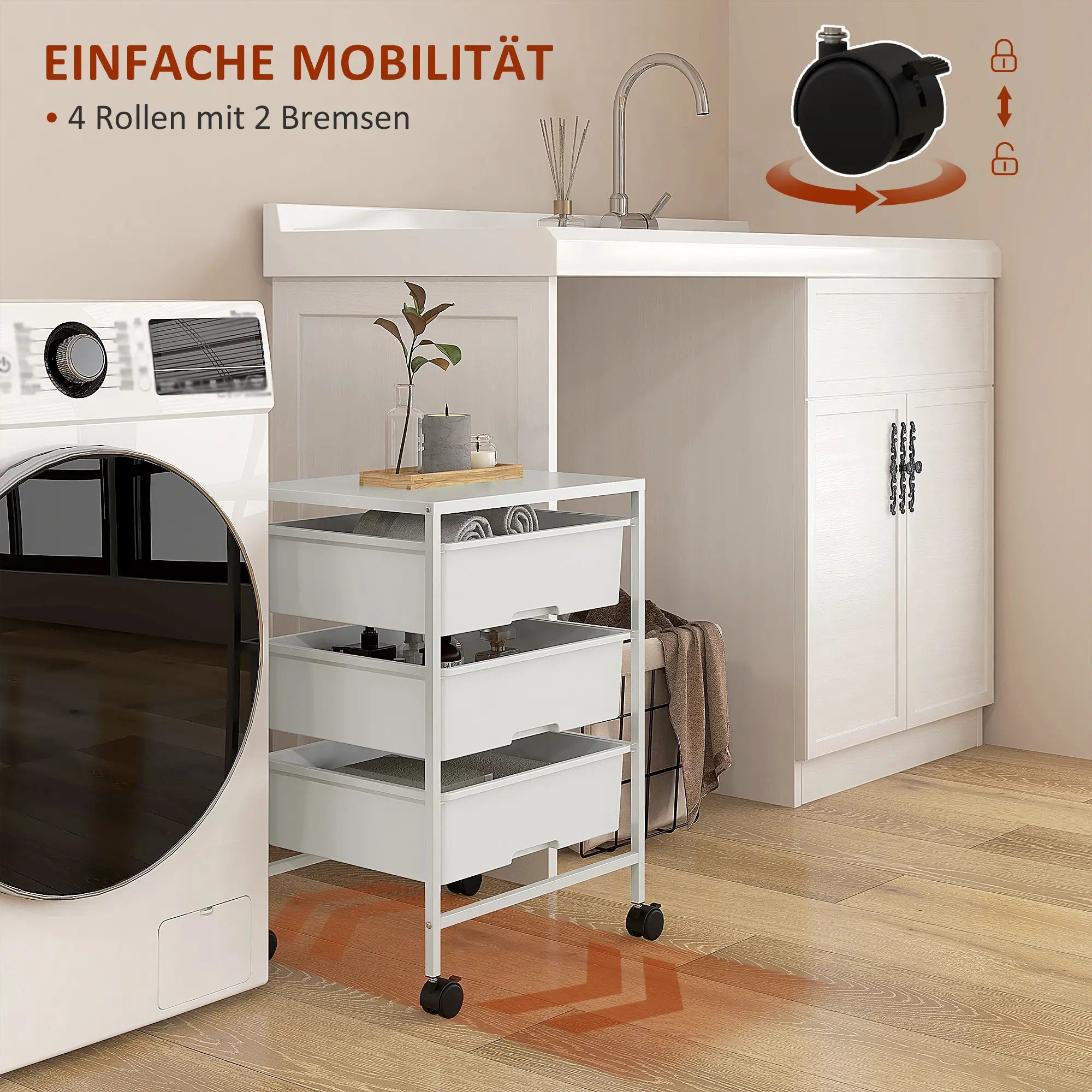 HOMCOM Carrello da Cucina con Ruote a 3 Cesti, Carrellino Salvaspazio, Bianco