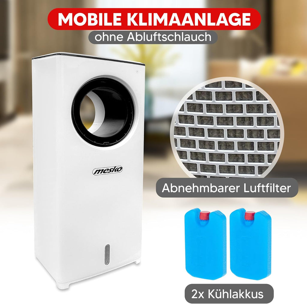 JUNG LIFEAIR Condizionatore Portatile Senza Tubo di Scarico, con Telecomando, Timer 15,5 ore, 60 dBA, 2in1 - Raffrescatore, Ionizzatore, Ventilatore Portatile con Raffreddamento ad Acqua, Climatizzatore Portatile Silenzioso
