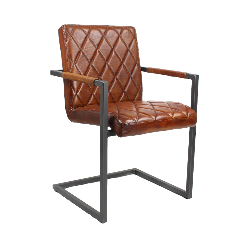 Sedia da pranzo serie Raoul in pelle di bufalo color cognac - Struttura angolare con braccioli