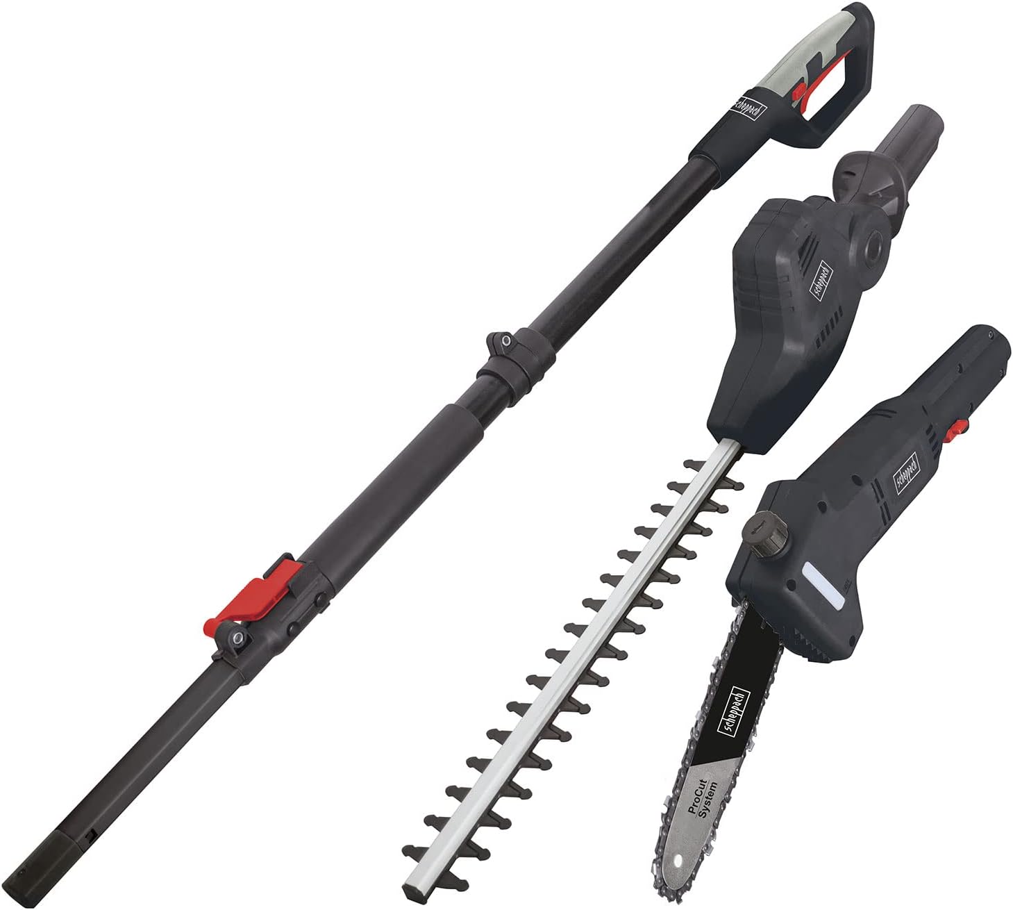 Scheppach Troncarami telescopico elettrico e tagliasiepi TPX710 | 230V 710W | estensibile fino a 4,5m di altezza di lavoro | sistema di cambio rapido | mini motosega | lama ProCut | incl. imbracatura