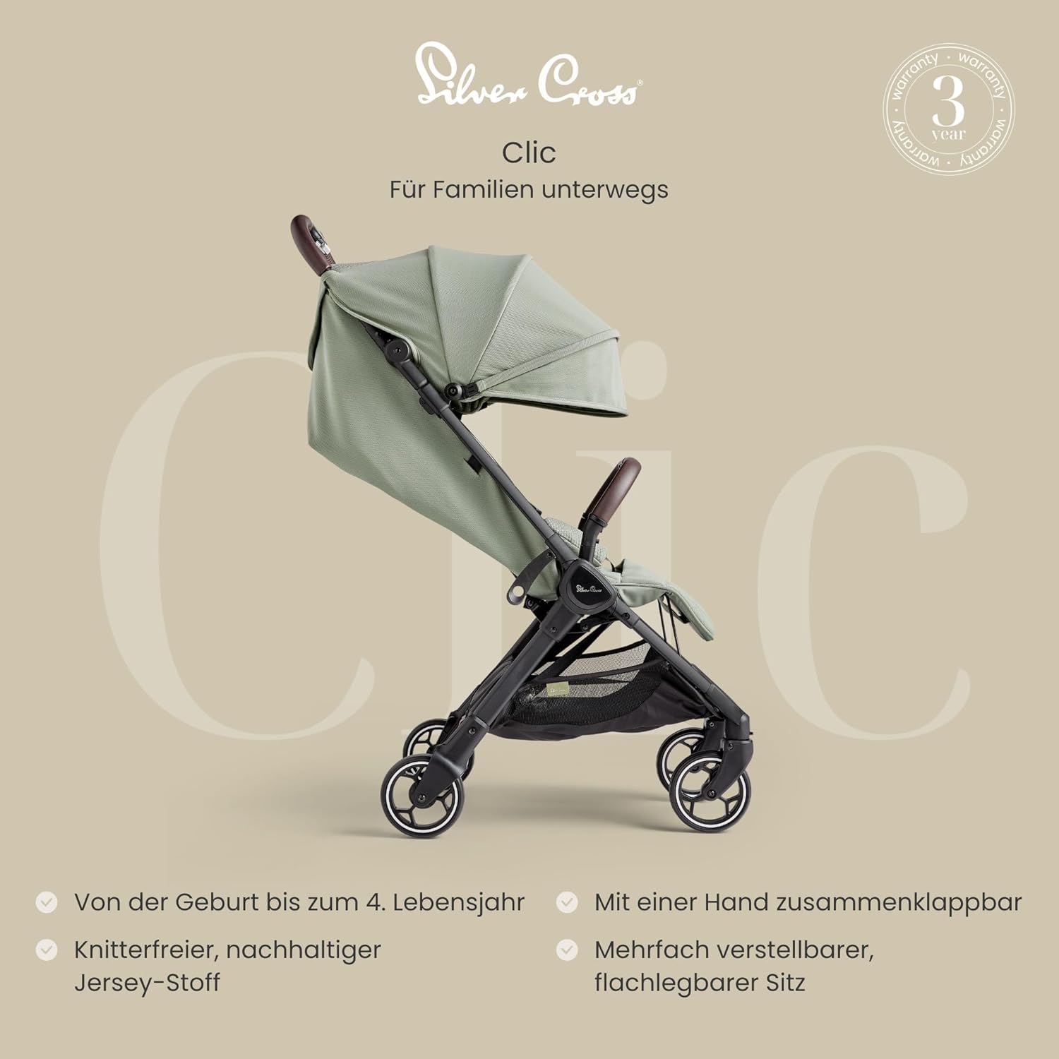 Silver Cross | Clic Passeggino Compatto | Passeggino da viaggio | passeggino pieghevole e leggero | dimensioni cabina | Dalla nascita - 4 anni | Almond