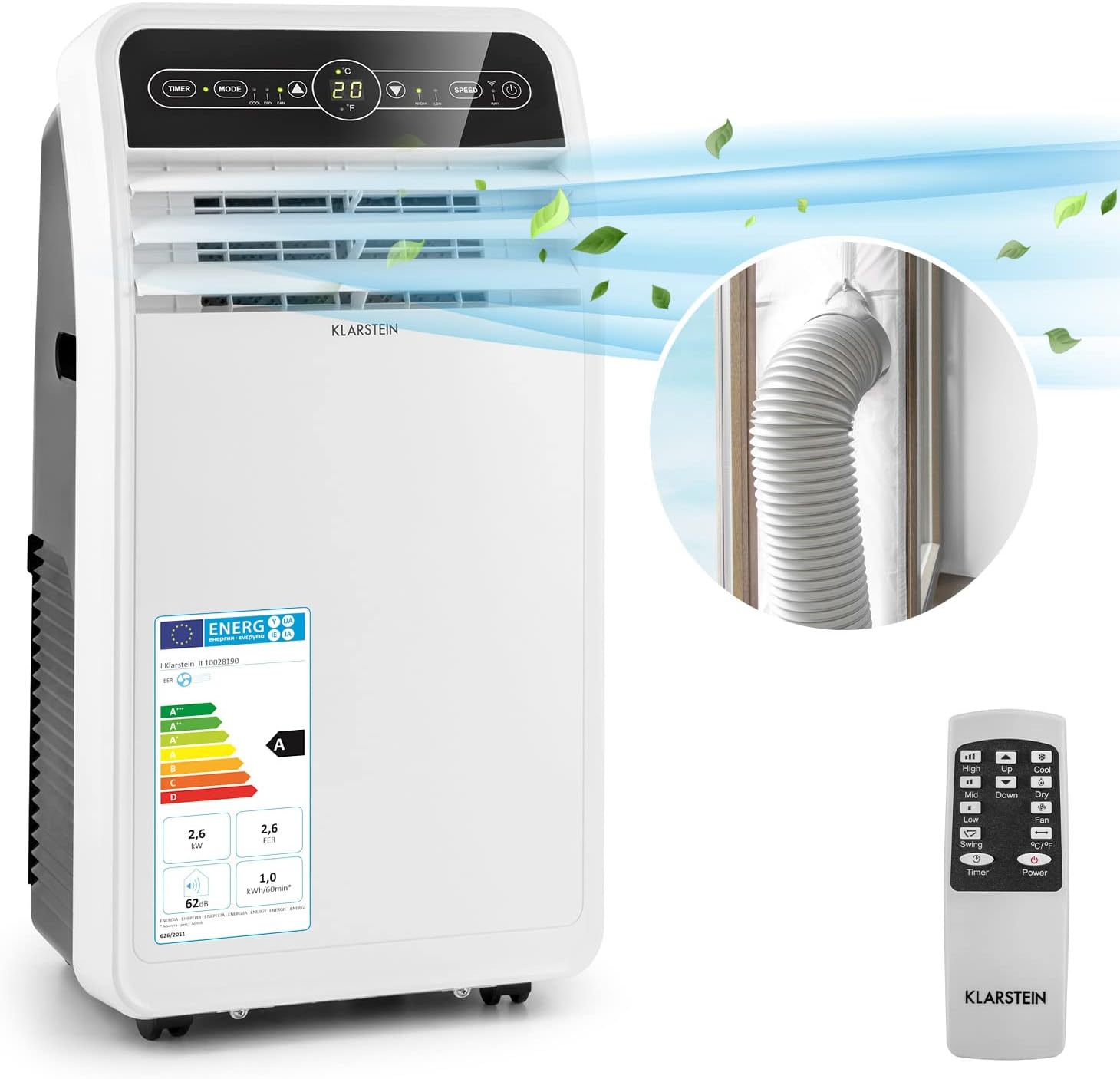 Klarstein Climatizzatore Portatile con Tubo di Scarico, Condizionatore 4-in-1 con Ventilatore, Deumidificatore e Modalità Notturna, Piccolo e Portatile per Casa e Ufficio, Controllo tramite App, 12000 BTU