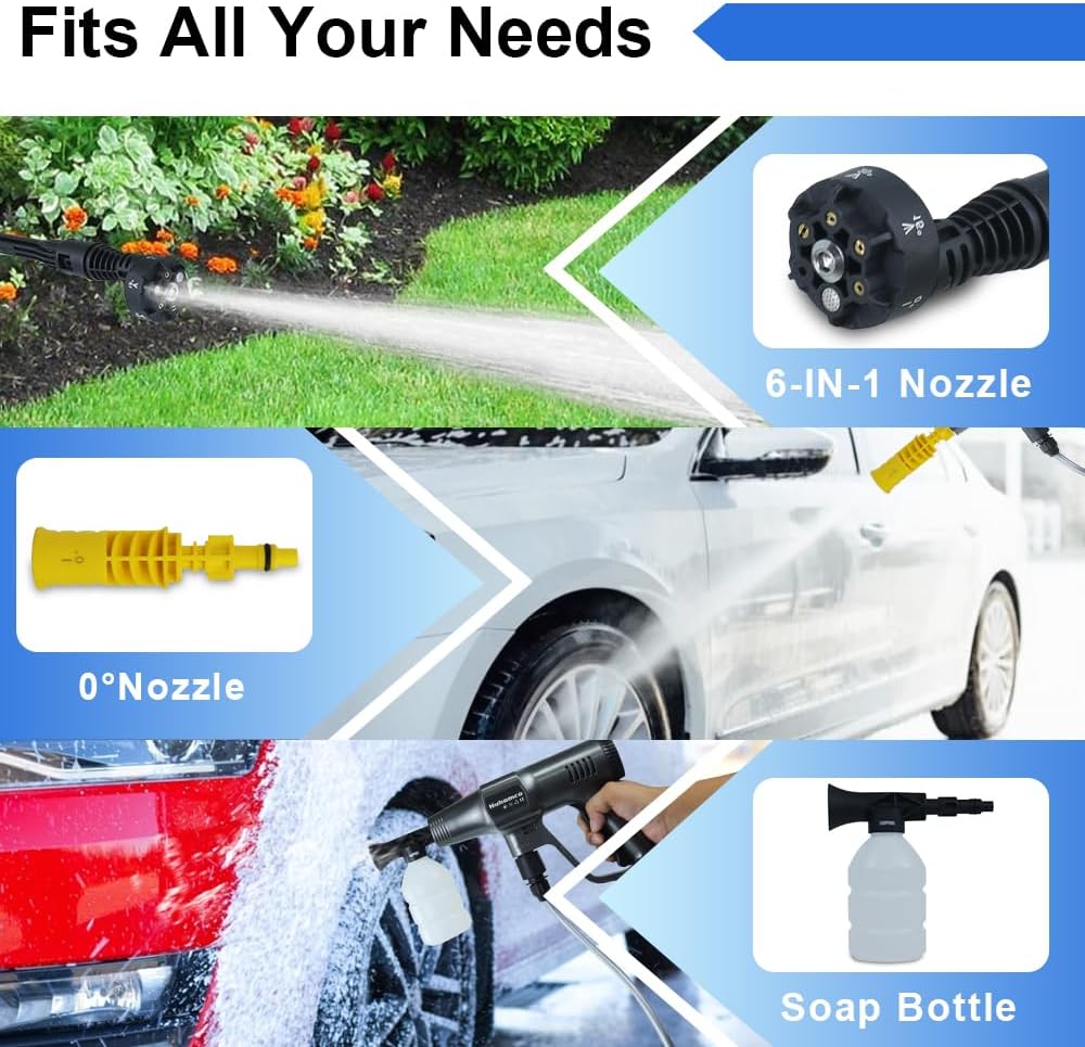 Idropulitrice a Batteria Huhomco con 2 Batterie da 4000 mAh e Caricabatterie, Idropulitrice Portatile ad Alta Pressione da 200 Bar con Motore Brushless, Pistola Idropulitrice Portatile con Ugello 6-in-1, 3 Livelli di Pulizia per Auto