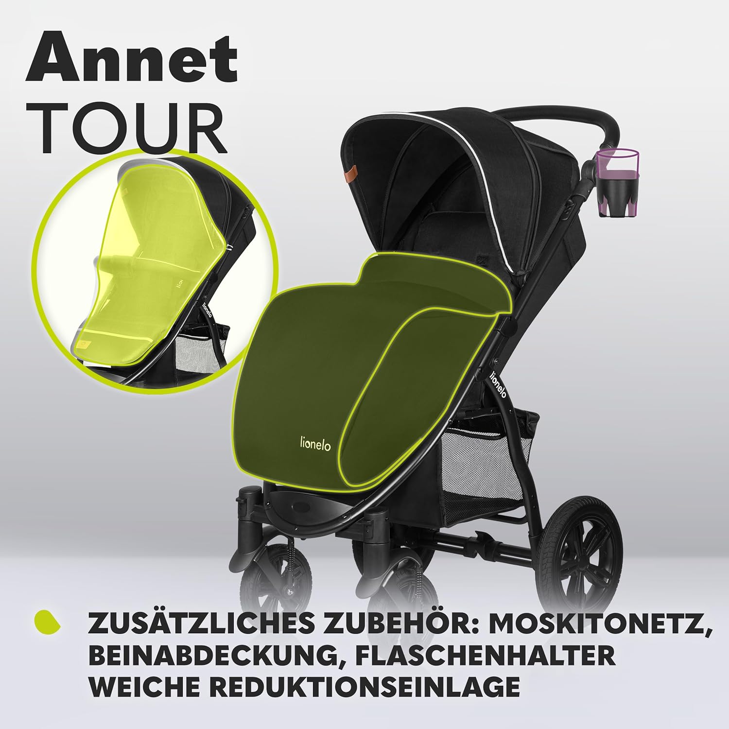 LIONELO Annet Tour Kinderwagen bis 22 kg, verstellbarer Griff, zusammenklappbar, verstellbare Rückenlehne bis zur Liegeposition, wartungsfreie Räder, XXL-Verdeck, 5-Punkt-Gurt, Einkaufskorb