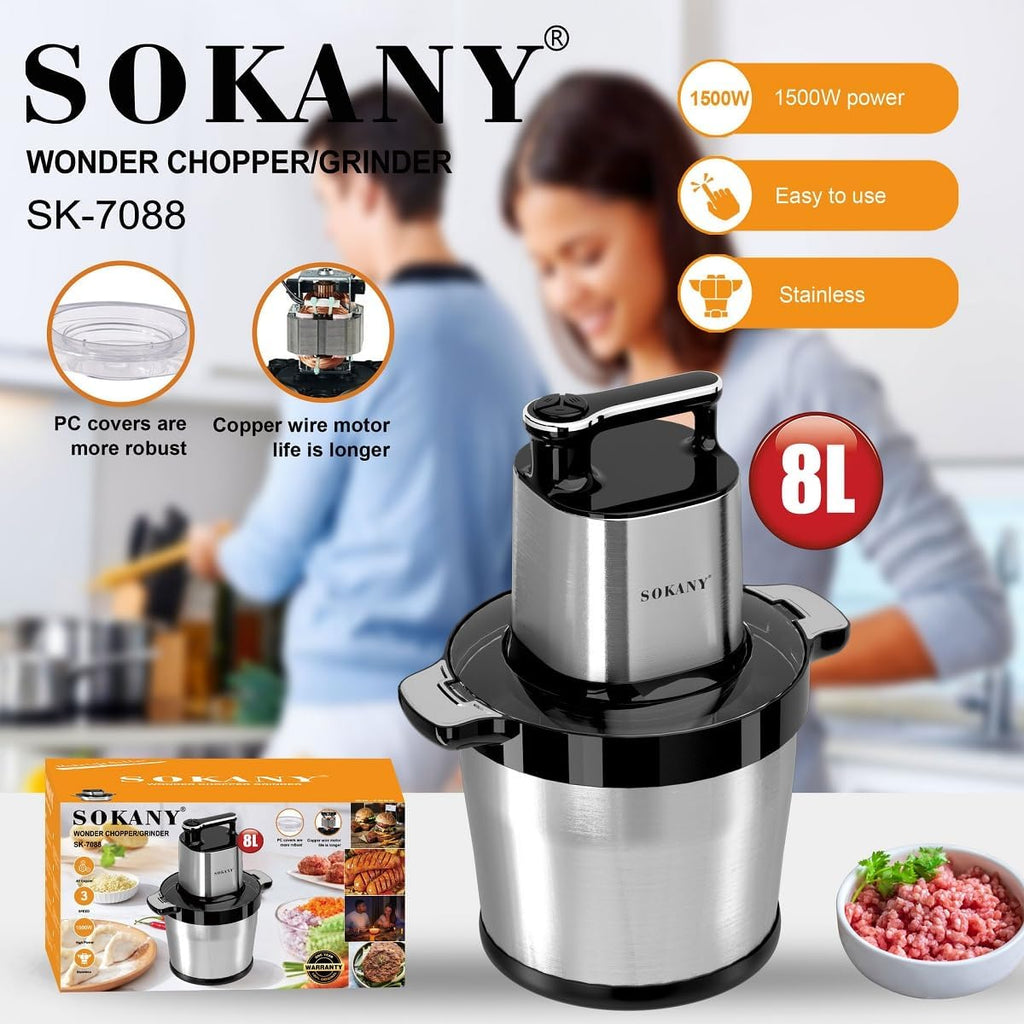 SOKANY Tritacarne Elettrico da Cucina 1500W con Ciotola in Acciaio Inox da 6,5L, Tritatutto con 3 Livelli di Velocità, Robot da Cucina con 4 Lame per Carne, Cipolle, Frutta, Verdura