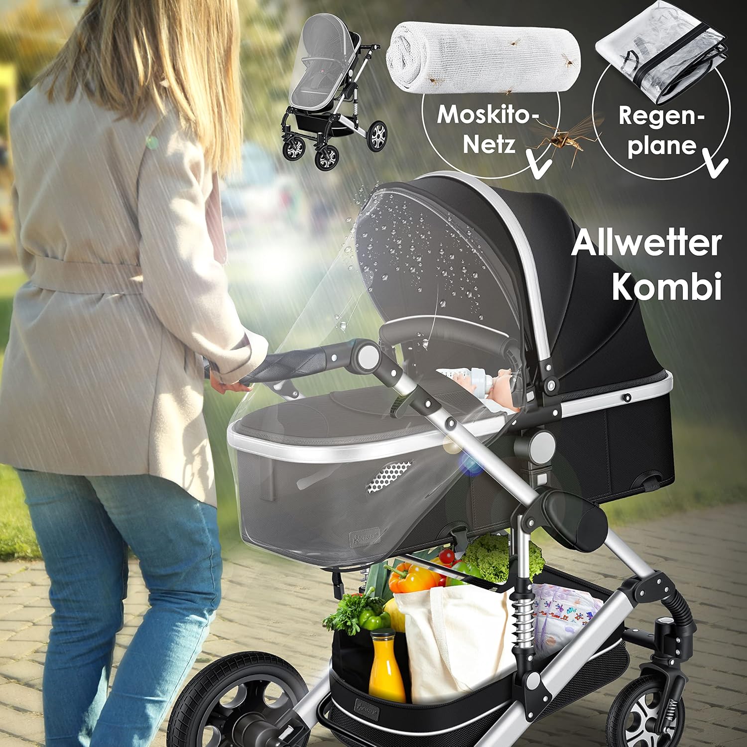 KESSER Loops 3 in 1 Passeggino Combinato, Set Completo con Navicella, Seduta Sportiva Buggy e Seggiolino Auto Ovetto, Gomme Piene, Borsa Fasciatoio, Parapioggia, Tavolino, ECE R129, Nero/Champagne