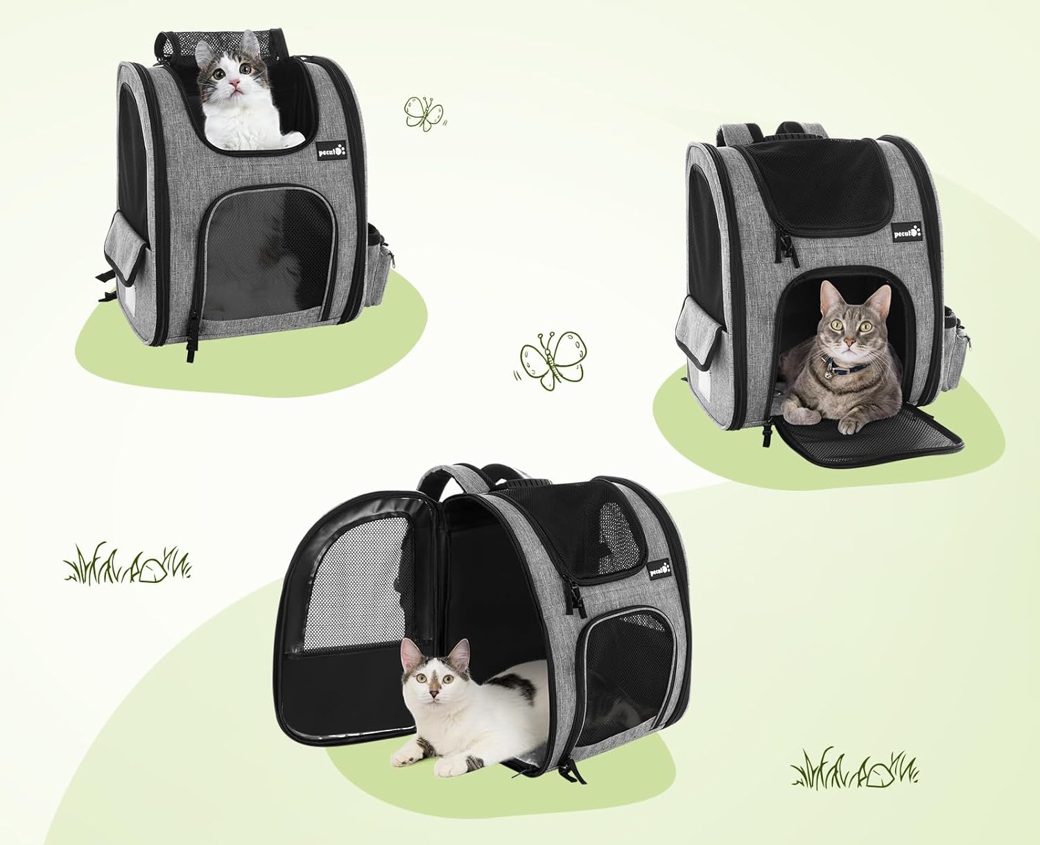 pecute Haustier Rucksack mit Netzfenster, Tragbare und Faltbare Katzentasche, Atmungsaktive und Leichte Hundetasche, Wasserdichtes Oxford-Tuch mit Viel Platz, Multifunktionales Rutschfestes Grau XL