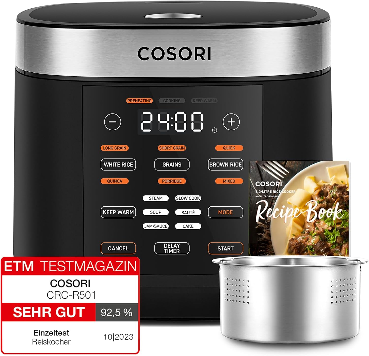 COSORI Cuociriso, Multicooker con 17 Programmi, Cuociriso 1,8 L, Fuzzy-Logic, Vaporiera con Inserto in Acciaio Inossidabile, Ricettario, Slow Cooker, Pentola Interna Premium, Funzione Mantenimento in Caldo, Timer, Nero