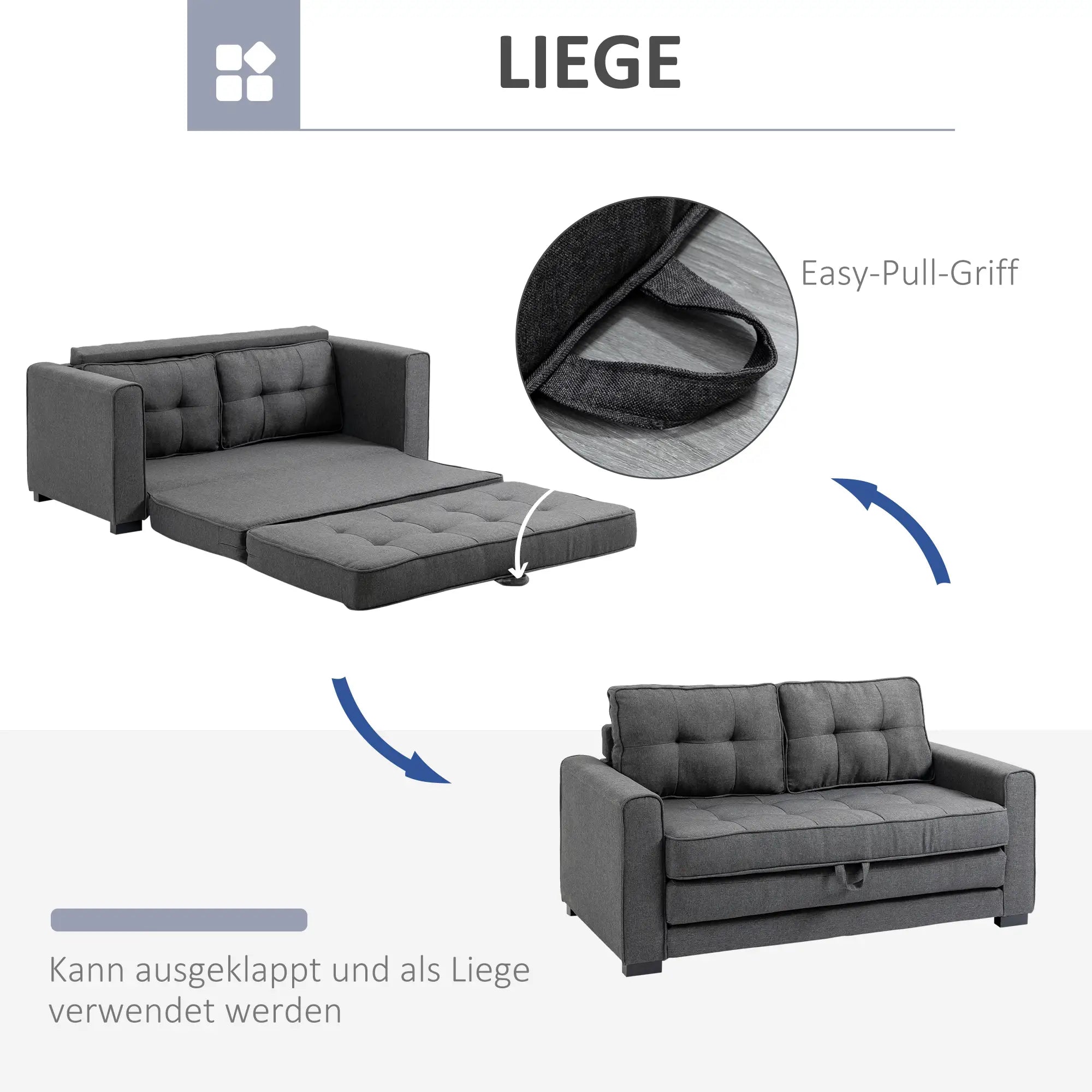 HOMCOM Divano Letto 2 Posti Estraibile in Legno Massello con Molle Grigio