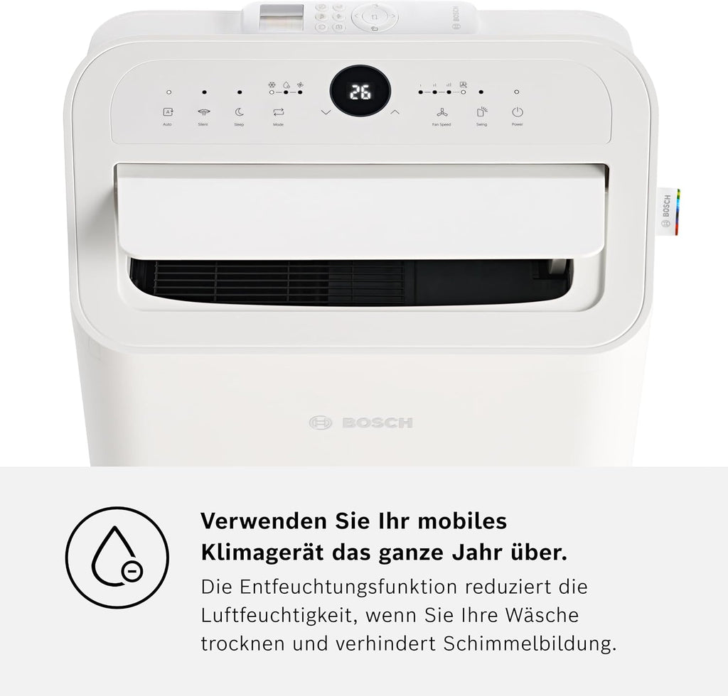 Bosch Cool 4000 Climatizzatore Mobile - 3-in-1: Climatizzatore, Deumidificatore, Ventilatore - 2,6 kW per ambienti fino a 35m² - Con modalità automatica, silenziosa e notturna