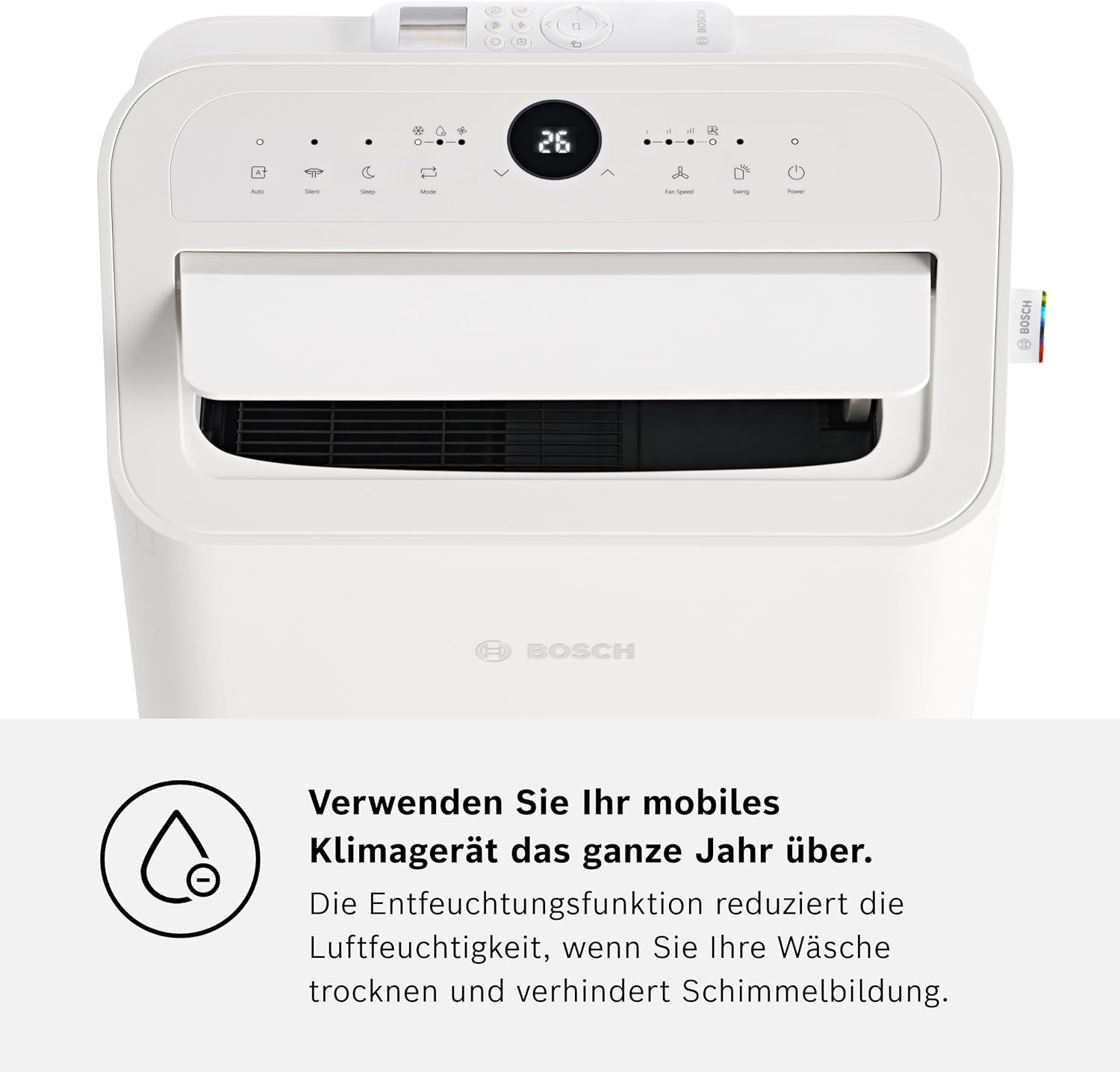 Bosch Cool 4000 Climatizzatore Mobile - 3-in-1: Climatizzatore, Deumidificatore, Ventilatore - 2,6 kW per ambienti fino a 35m² - Con modalità automatica, silenziosa e notturna