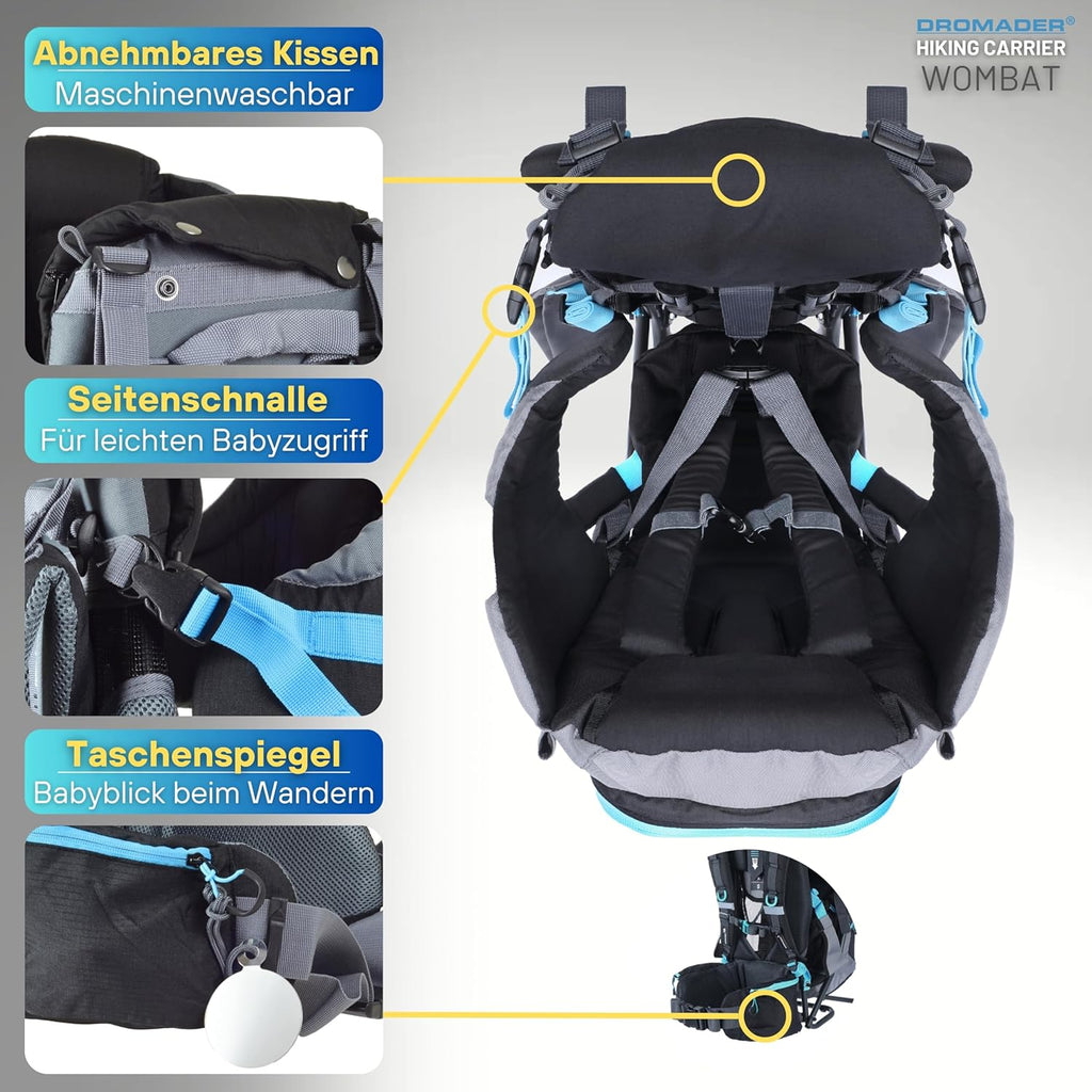 Dromader Kraxe Kindertrage bis 22kg – Kindertrage Wandern mit Sonnendach, Regenschutz, Thermotasche, Wickelmatte – Einhändig klappbare Rahmen – Blau