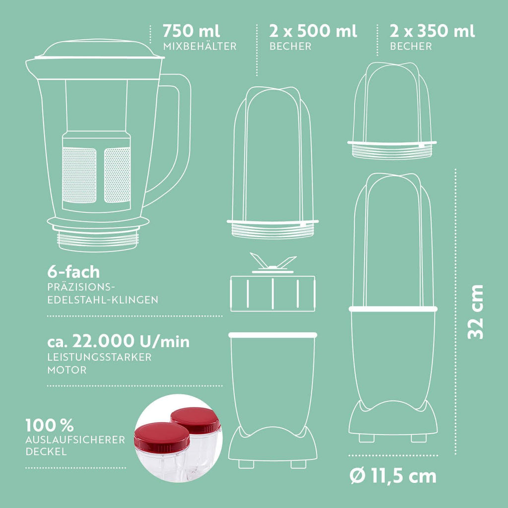 GOURMETmaxx Frullatore per Smoothie e Frullatore a Immersione Set da 18 pezzi - 400W | Frullatore Elettrico da 750ml, Mixer con 4 Bicchiere To-Go, 2 Lame, Spremiagrumi, Piedistallo e Coperchio | Lavabile in Lavastoviglie, a Prova di Perdite e Senza BPA