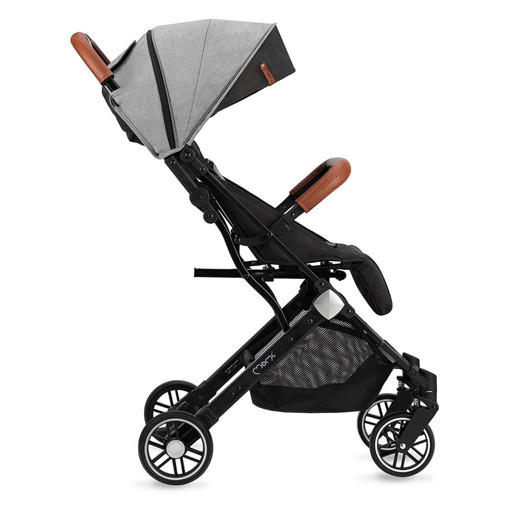 MOMI ESTELLE Kinderwagen für Kinder ab 6 Monat bis zu max körpergewicht von 15 kg, klappbar auf die Maße 65 x 51 x 21 cm, gewicht 7,5 kg, 5-Punkt-Sicherheitsgurt, koffer, grau-gold, Räder 6''/6,5''